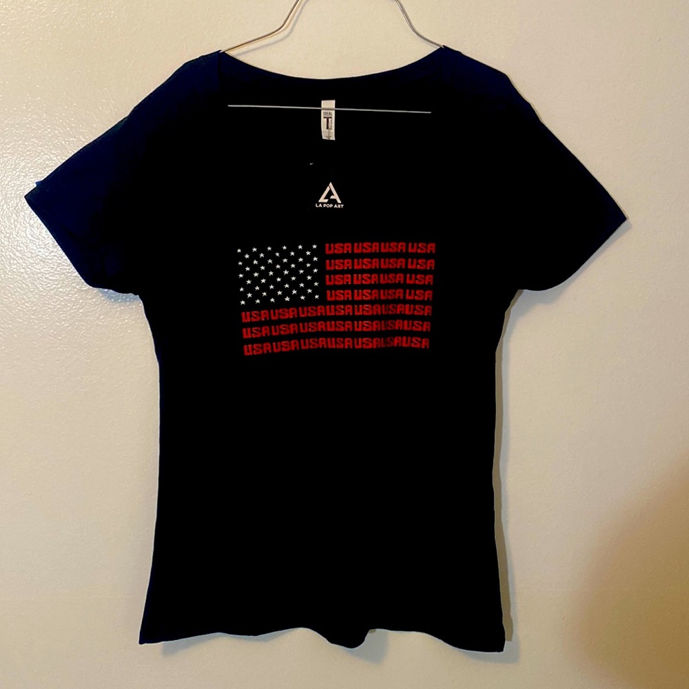 IDEAL v-neck Black NWT USA flag appliqué, XXL LA POP Art